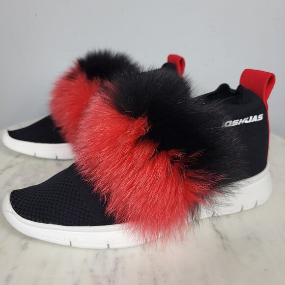 NWB~$345~JOSHUA*S~38/8~ITALY RED BLACK FOX FUR EXTRA LIGHT SNEAKERS SHOES BOOTS - Picture 11 of 16
